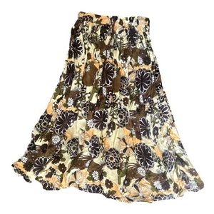 Floral brown, green, and yellow maxi tiered skirt